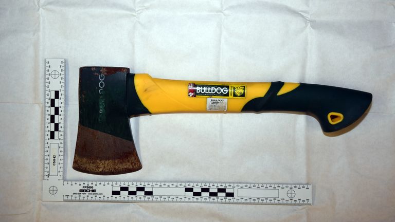 Undated handout photo issued by Lancashire Constabulary of the axe used in the murder. Andrew Burfield, 51, has pleaded guilty on the third day of his trial at Preston Crown Court to the murder of Katie Kenyon, 33, whose body was found in the Forest of Bowland, Lancashire, in April. Issue date: Wednesday November 16, 2022.