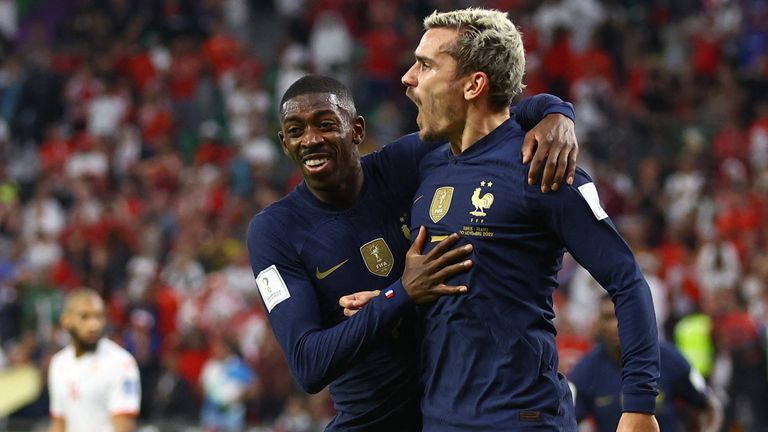 France&#39;s Antoine Griezmann celebrated a goal with teammate Ousmane Dembele before it was disallowed