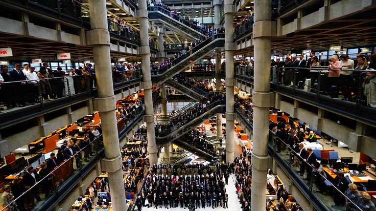 City workers attend a Remembrance Day ceremony at Lloyd&#39;s of London, in the City of London, to mark Armistice Day, the anniversary of the end of the First World War. Picture date: Friday November 11, 2022.