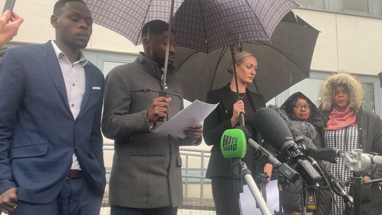 Awaab Ishak&#39;s father Faisal Abdullah, counsel for the family Christian Weaver, solicitor Kelly Darlington and Awaab&#39;s mother Aisha Amin (second right) outside Rochdale Coroner&#39;s Court following the conclusion of an inquest which found Awaab died from prolonged exposure to mould