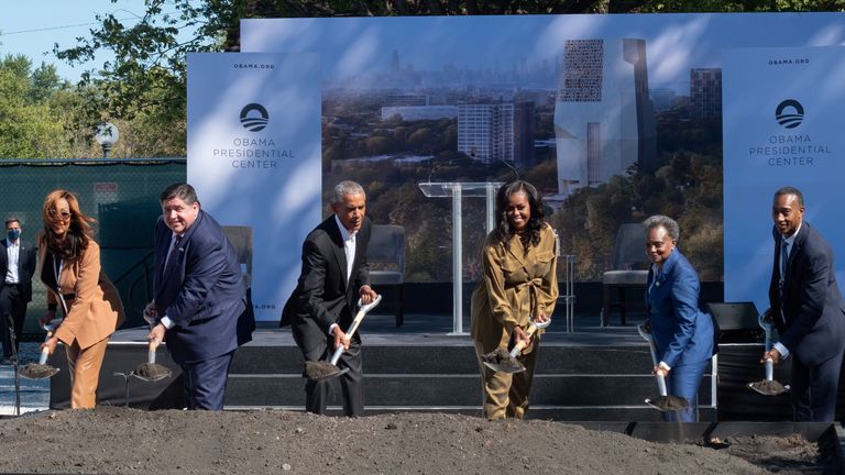 Barack and Michelle Obama, alongside Governor Pritzker breaking ground at the site in 2021