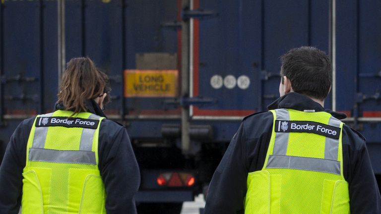 UK Border Force officers at the NI Department of Agriculture, Environment and Rural Affairs (DAERA) Northern Ireland Point of Entry (POE) site on Milewater Road in Belfast at the Port of Belfast. Picture date: Monday January 31 2021.