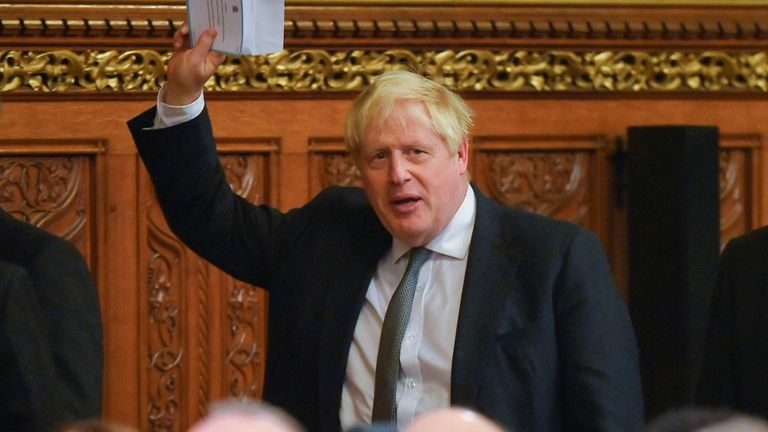 Boris Johnson gestures during a state visit of South African President Cyril Ramaphosa at the Houses of Parliament
