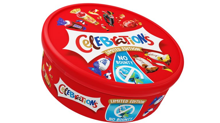 THURSDAY NOVEMBER 3 Undated handout photo issued by Mars Wrigley of a limited-edition Celebrations tub without Bounty bars. Issue date: Thursday November 3, 2022.