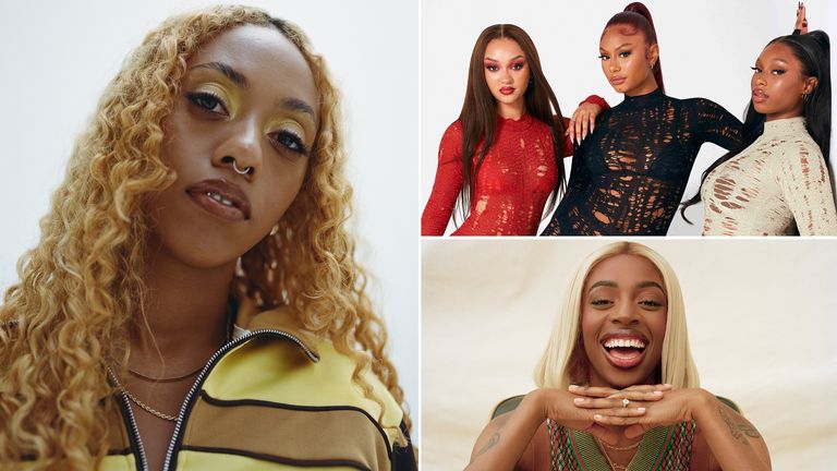 The Brit Awards rising star nominees, clockwise from left: Nia Archives, FLO, and Cat Burns