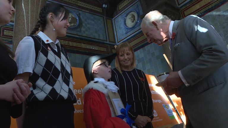 The monarch was presented with an early birthday card from 10-year old Mason Hicks, the Leeds children’s mayor.