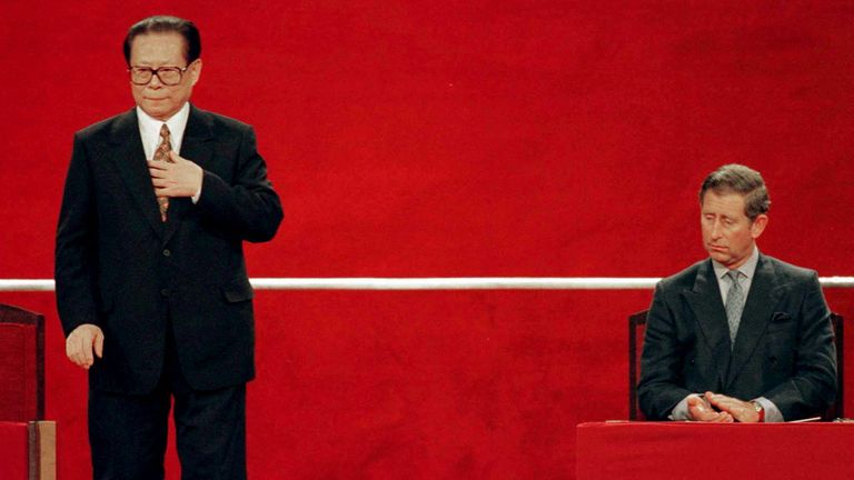 Mr Jiang, left, and Prince Charles at the Hong Kong handover ceremony in 1997