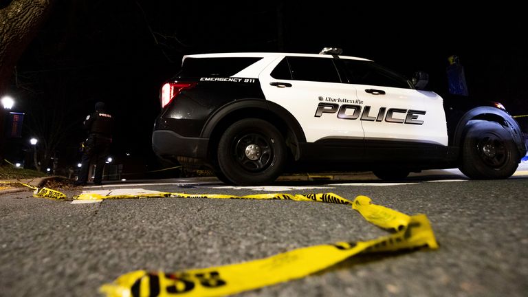 A Charlottesville Police vehicle is parked on Culbreath Road during an active shooter situation on the University of Virginia campus in Charlottesville, Va., on Monday, Nov. 14, 2022. A few people have been killed and a few others were wounded in a shooting late Sunday at the University of Virginia, according to the school...s president. Police are searching for a suspect, who remains at large. (Mike Kropf /The Daily Progress via AP)