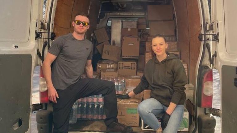 Chris Parry is evacuating Ukrainian civilians from newly liberated villages.  Pictured with Tasha Dubovik, local volunteer in Lviv