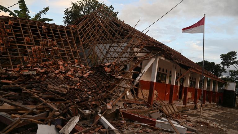 A view of a collapsed school building following an earthquake in Cianjur, West Java province, Indonesia