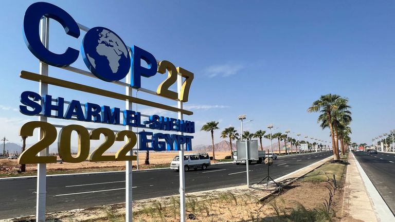 A COP27 sign on the road leading to the conference area in Egypt&#39;s Red Sea resort of Sharm el Sheikh
