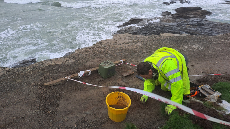 Experts from Cornwall Council&#39;s archaeological unit carried out an assessment after the discovery of the remains on a footpath in Trevone, near Padstow in Cornwall