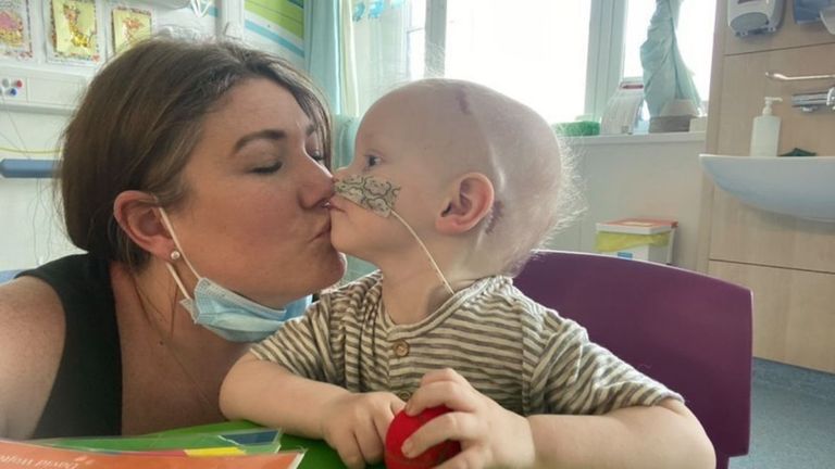 Seb, with mum Emma, in hospital