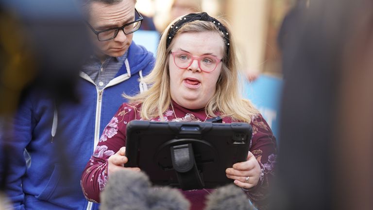 Heidi Crowter talks to the media outside the Royal Courts of Justice in central London after they lost a Court of Appeal challenge 