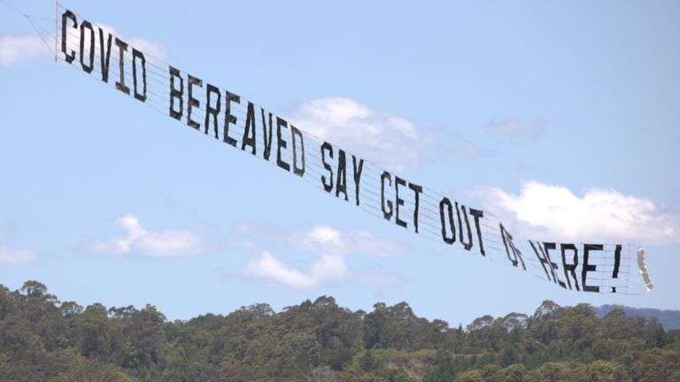 Protest banner against Matt Hancock&#39;s participation, flown over the I&#39;m A Celebrity jungle. Pic: @38Degreees/Twitter