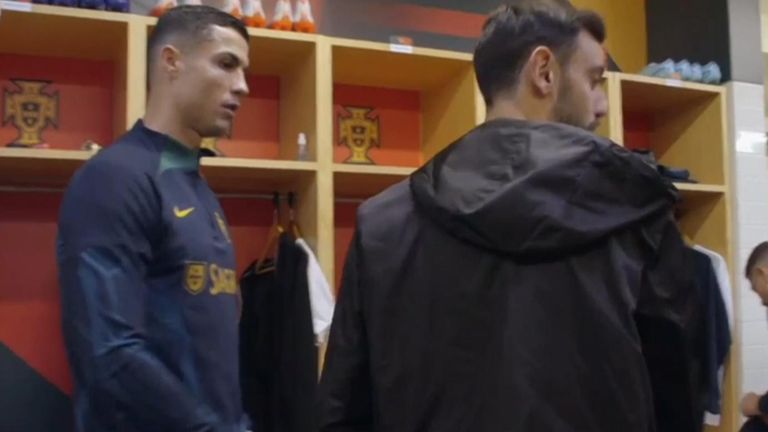 Cristiano Ronaldo appears to be taken aback by brief handshake from his Manchester United teammate Bruno Fernandes