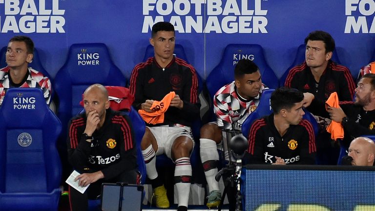 Ronaldo sits on the bench during a Premier League match at Leicester City. Pic: AP