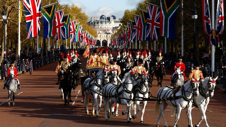 President Cyril Ramaphosa of South Africa, King Charles III and the Queen Consort, ride in the State Carriage to Buckingham Palace 