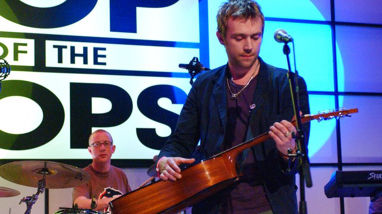 Damon Albarn and Dave Rowntree of Blur appear on Top Of The Pops on April 3, 2003. (AP Photo/Mark Allan)


