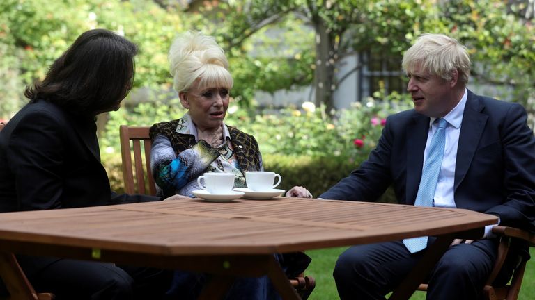 Lady Barbara Windsor and her husband Scott Mitchell met UK Prime Minister Boris Johnson after delivering the Alzheimer's Association open letter to 10 Downing Street, Westminster, London, calling on him to tackle the problem question "devastating state" or dementia car