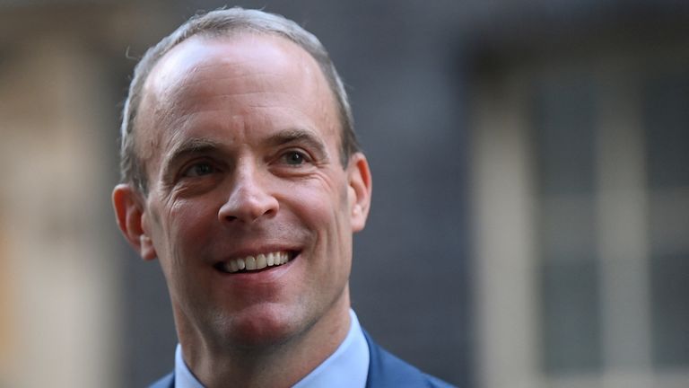 Deputy Prime Minister and Justice Secretary Dominic Raab looks on, outside Number 10 Downing Street