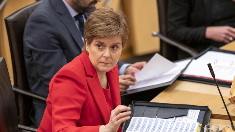 First Minister Nicola Sturgeon during First Minster&#39;s Questions (FMQ&#39;s) in the main chamber of the Scottish Parliament in Edinburgh