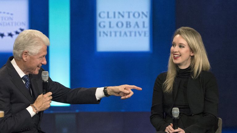 Former US President Bill Clinton speaks with Jack Ma, executive chairman of Alibaba Group, and Elizabeth Holmes, CEO of Theranos, at the Clinton Global Initiative annual meeting in New York