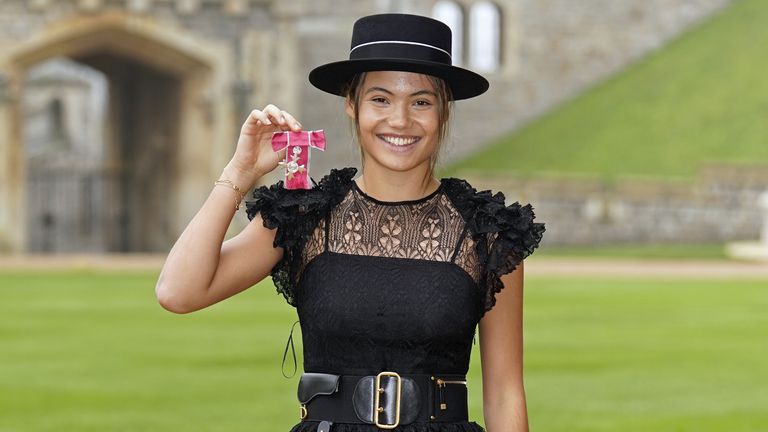 Emma Raducanu after she was made a MBE   by King Charles III at Windsor Castle