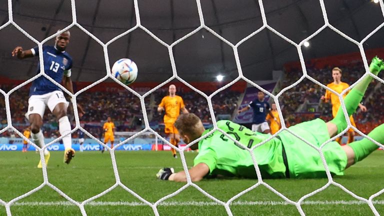 Ecuador&#39;s Enner Valencia scores against the Netherlands