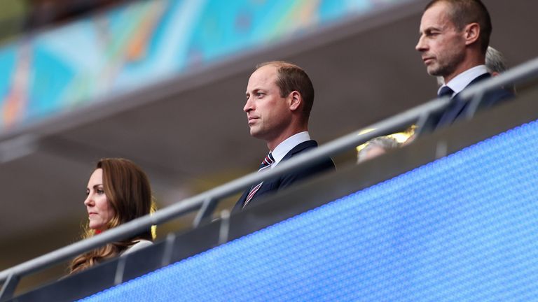 Prince William stands for the national anthem alongside Princess Catherine before the Euro 2020 final at Wembley