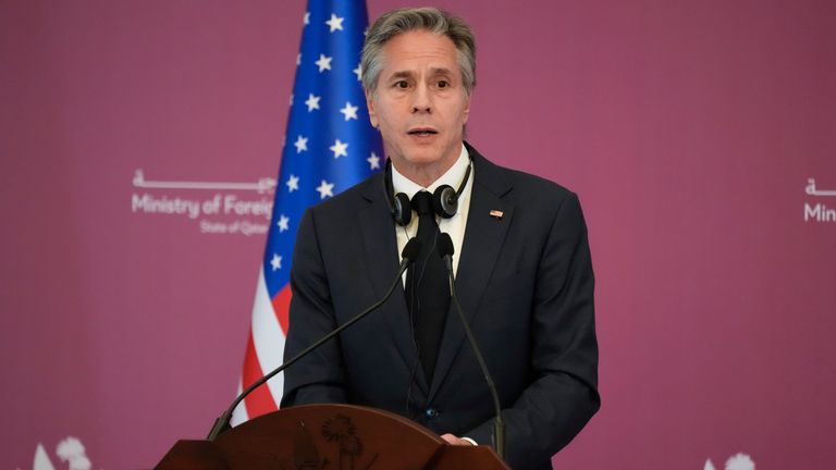 US Secretary of State Antony Blinken addresses the media during a press conference with Qatari Foreign Minister Mohammed Bin Adbulrahman Al Thani at the Diplomatic Club, on Tuesday, November 22, 2022. Top US diplomat Ky criticized FIFA's decision to threaten players at the World Cup with yellow cards if they wore armbands in support of inclusion and diversity.  (AP Photo/Ashley Landis)