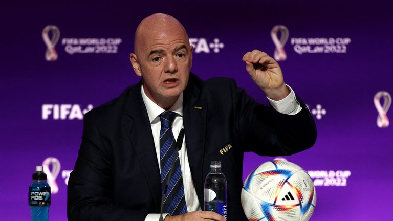 Soccer Football - FIFA World Cup Qatar 2022 - FIFA President Press Conference - Main Media Center, Doha, Qatar - November 19, 2022 FIFA president Gianni Infantino during a press conference REUTERS/Matthew Childs