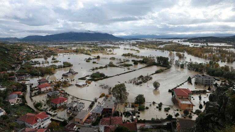 A general view of the flooded area near the northwestern Albanian town of Shkoder, Monday, Nov. 21, 2022. Torrential rains in the Western Balkans over 48 hours have killed at least six people and flooded agricultural fields and homes across Albania, authorities said. Shkoder and Lezhe regions are the most affected areas.  (AP Photo/Franz Zhurda)