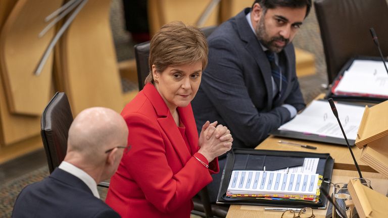 First Minister Nicola Sturgeon during First Minster&#39;s Questions (FMQ&#39;s) in the main chamber of the Scottish Parliament in Edinburgh. Picture date: Thursday November 24, 2022.