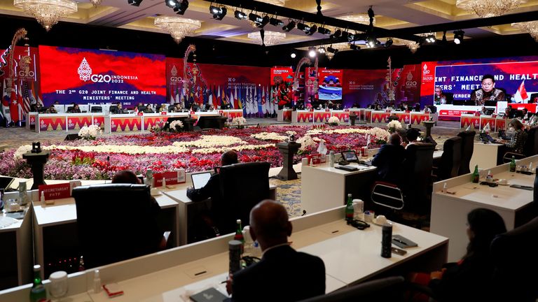 Ministers and heads of delegates attend the G20 Finance and Health Ministers meeting in Nusa Dua, Bali, Indonesia