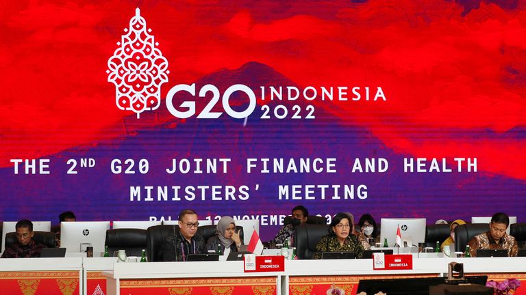Indonesia&#39;s Finance Minister Sri Mulyani Indrawati delivers a speech during the G20 Finance and Health Ministers meeting