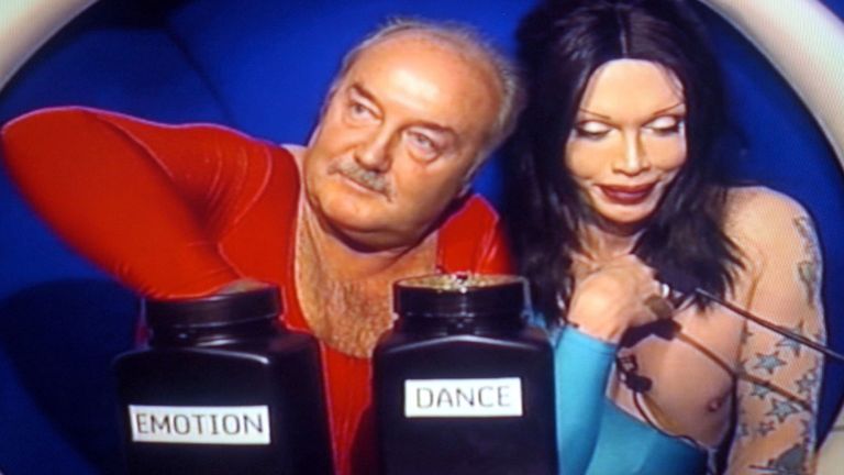 George Galloway and Pete Burns in the diary room picking their dance task
 