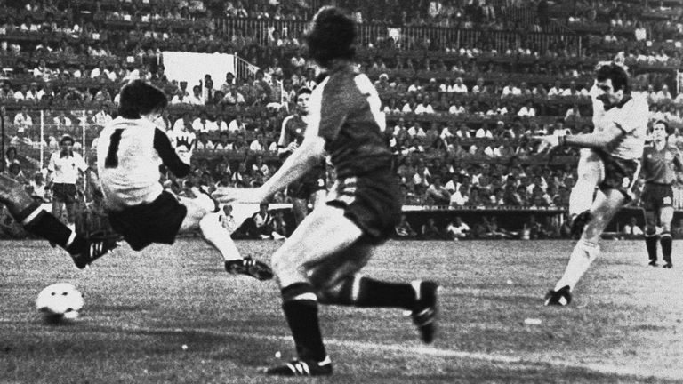 Gerry Armstrong scores for Northern Ireland against World Cup host Spain in 1982. Pic: AP