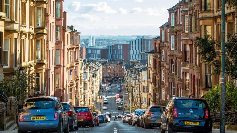 Glasgow, Scotland - A view down the famously steep Gardner Street in Glasgow&#39;s West End.