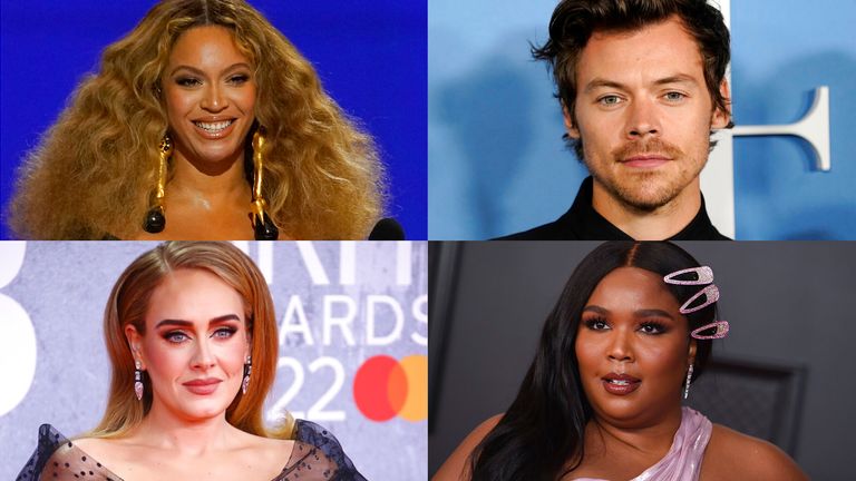 Clockwise from top left: Grammy Award 2023 nominees Beyonce, Harry Styles, Lizzo and Adele. Pic: Chris Pizzello; Jordan Strauss/Invision; Joel C Ryan/Invision - all via AP