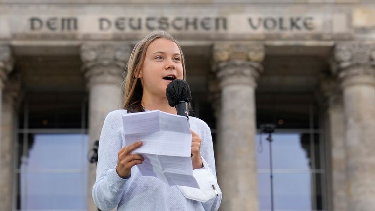 FILE --Swedish climate activist Greta Thunberg holds a speech during a Fridays for Future global climate strike in front of a parliament building in Berlin, Germany, Friday, Sept. 24, 2021. Climate activist Greta Thunberg says it would be ...a mistake... for Germany to switch off its nuclear power plants if that means burning more planet-heating coal.  (AP Photo/Michael Sohn,file)
