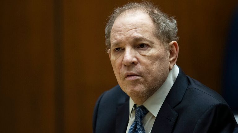 FILE - Former film producer Harvey Weinstein appears in court at the Clara Shortridge Foltz Criminal Justice Center in Los Angeles, Calif., on Oct. 4 2022. Opening statements are set to begin Monday in the disgraced movie mogul Harvey Weinstein&#39;s Los Angeles rape and sexual assault trial. Weinstein is already serving a 23-year-old sentence for a conviction in New York. (Etienne Laurent/Pool Photo via AP, File)