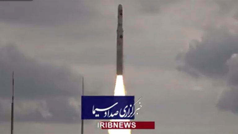 This image taken from video footage aired by Iranian state television on Saturday, Nov. 5, 2022, shows the launch of a satellite carrier rocket by Iran...s Revolutionary Guard from an undisclosed desert location. Iran...s powerful paramilitary Guard launched the rocket as nationwide protests continue to engulf the country. Pic: Iranian State Television/AP