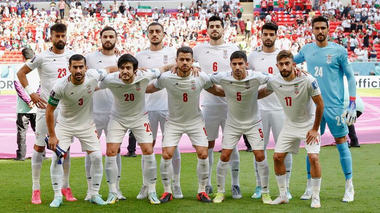 Iran players pose for a team photo ahead of a World Cup Group B football match against Wales at Ahmad Bin Ali Stadium in Al Rayyan, Qatar, on Nov. 25, 2022. (Kyodo via AP Images) ==Kyodo