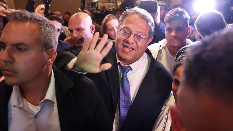 Itamar Ben-Gvir arrives at his party headquarters in Jerusalem.  Photo: AP