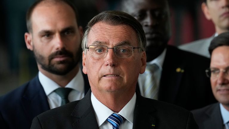 Brazilian President Jair Bolsonaro speaks from his official residence of Alvorada Palace in Brasilia, Brazil, Tuesday, Nov. 1, 2022, the leader&#39;s first public comments since losing the Oct. 30 presidential runoff. (AP Photo/Eraldo Peres)