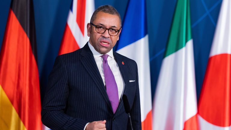 James Cleverly, Foreign Secretary of the United Kingdom, delivers a statement at the Historic Town Hall at the G7 Foreign Ministers&#39; Meeting as part of the German G7 Board
PIC:AP