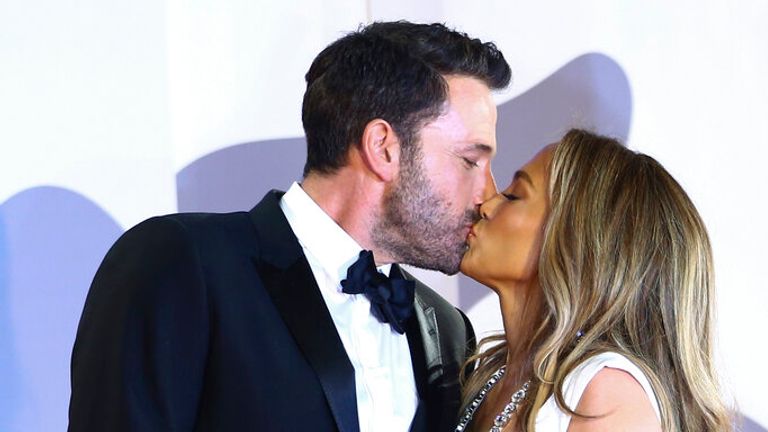 Jennifer Lopez, right, and Ben Affleck pose for photographers upon arrival at the premiere of the film &#39;The Last Duel&#39; during the 78th edition of the Venice Film Festival in Venice, Italy, Friday, Sept. 10, 2021. (Photo by Joel C Ryan/Invision/AP)