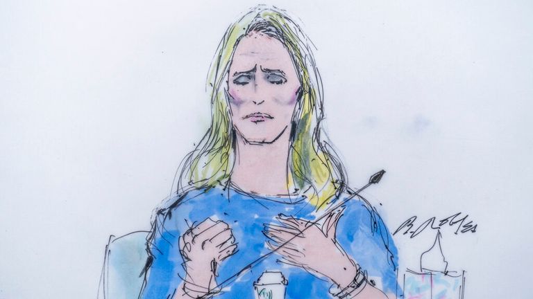 A court sketch of Ms Siebel Newsom giving her testimony. Pic: AP