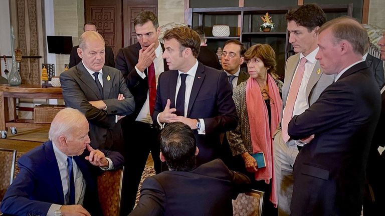 Following the impact of a missile in Poland, L-R Joe Biden, German Chancellor Olaf Scholz, Pedro Sanchez, Prime Minister of Spain, Emmanuel Macron, President of France, Rishi Sunak, and Justin Trudeau, Prime Minister of Canada, meet on the sidelines of the G20 summit